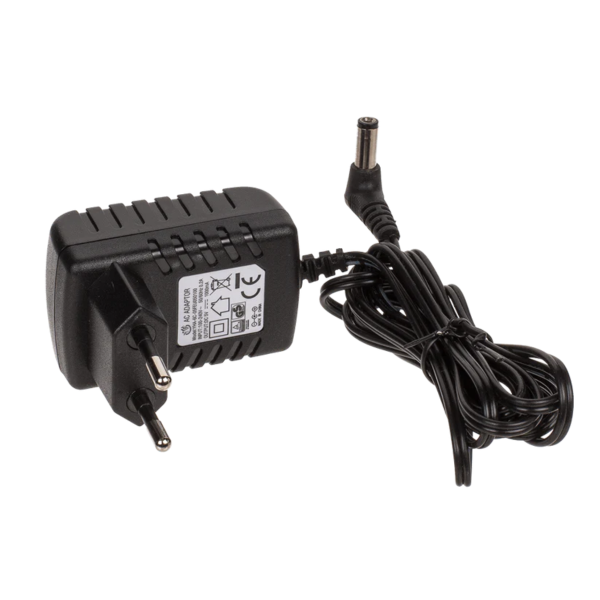 Black AC adapter with cable and plug, featuring CE marking.