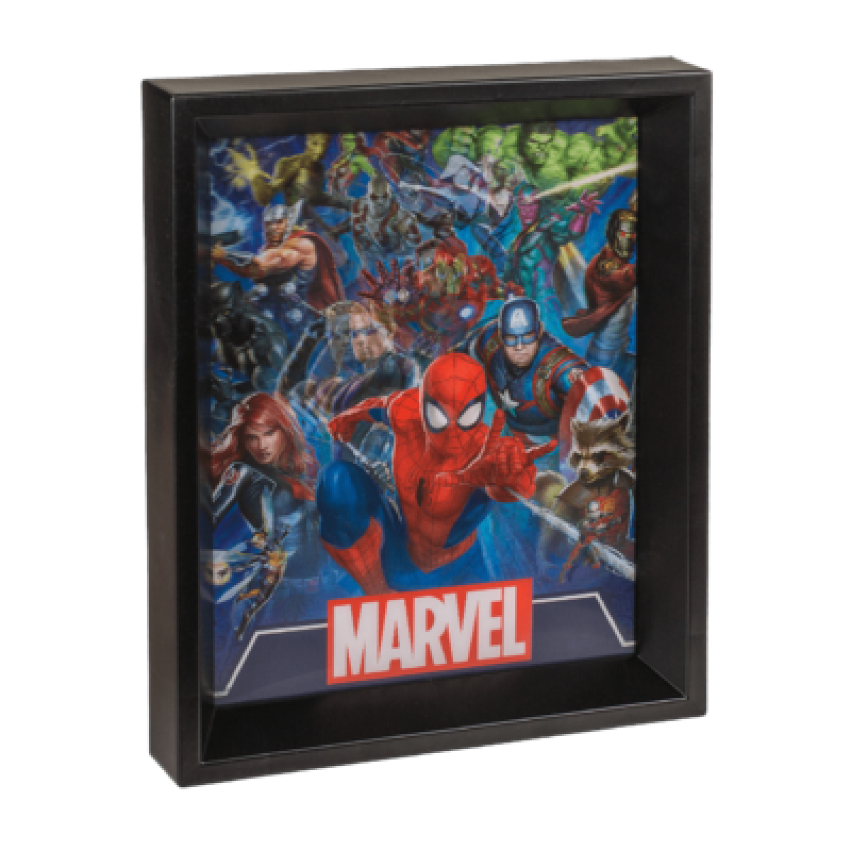 Marvel poster met Spider-Man op de voorgrond, omringd door andere superhelden.