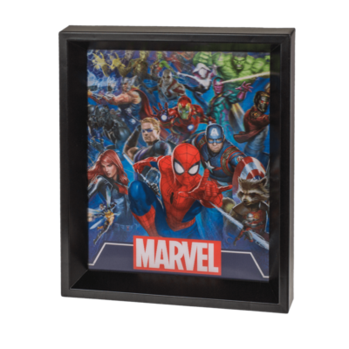 Kader met Marvel poster met superhelden zoals Spider-Man, Captain America en Hulk.