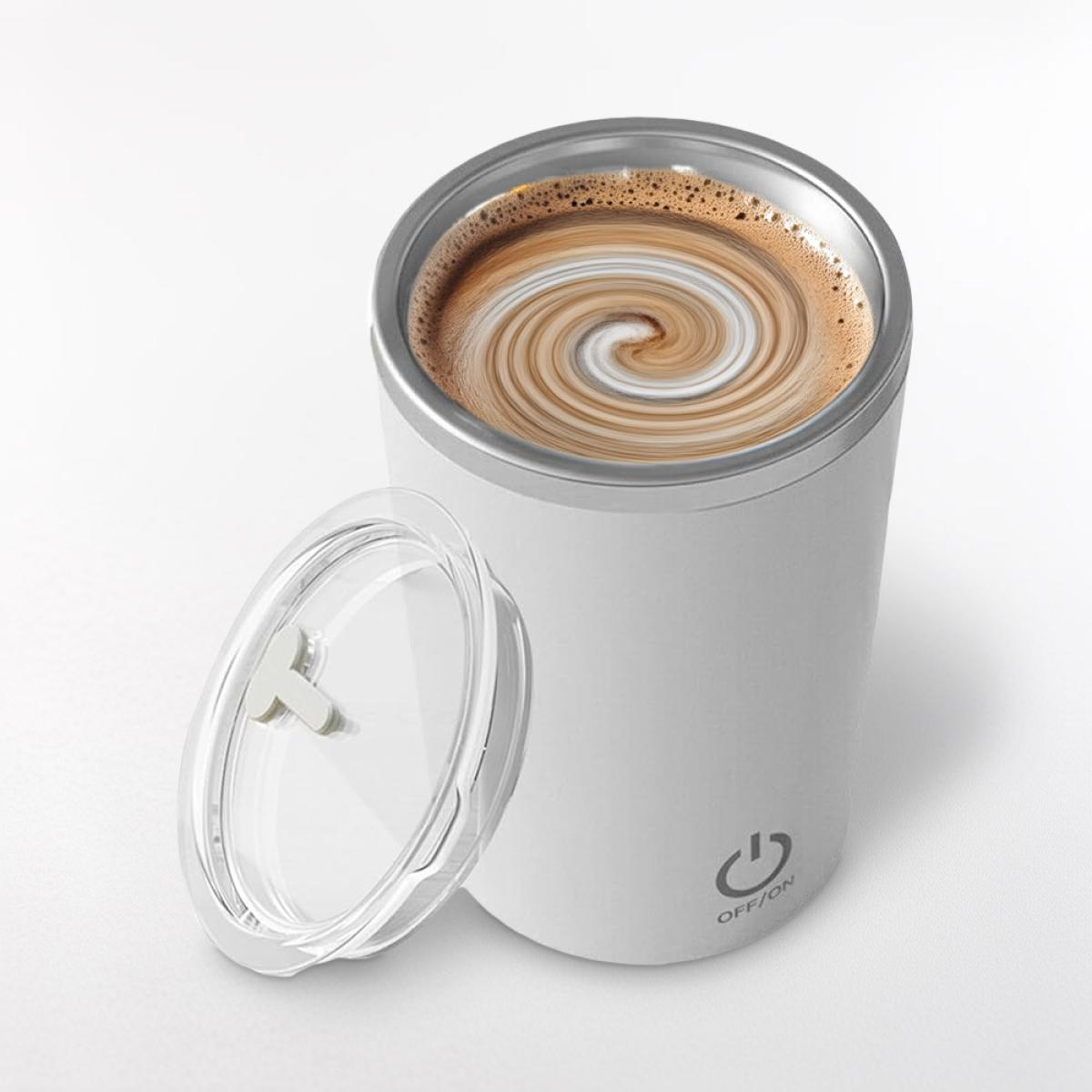 A white tumbler with a silver rim, filled with coffee with a milk foam swirl.