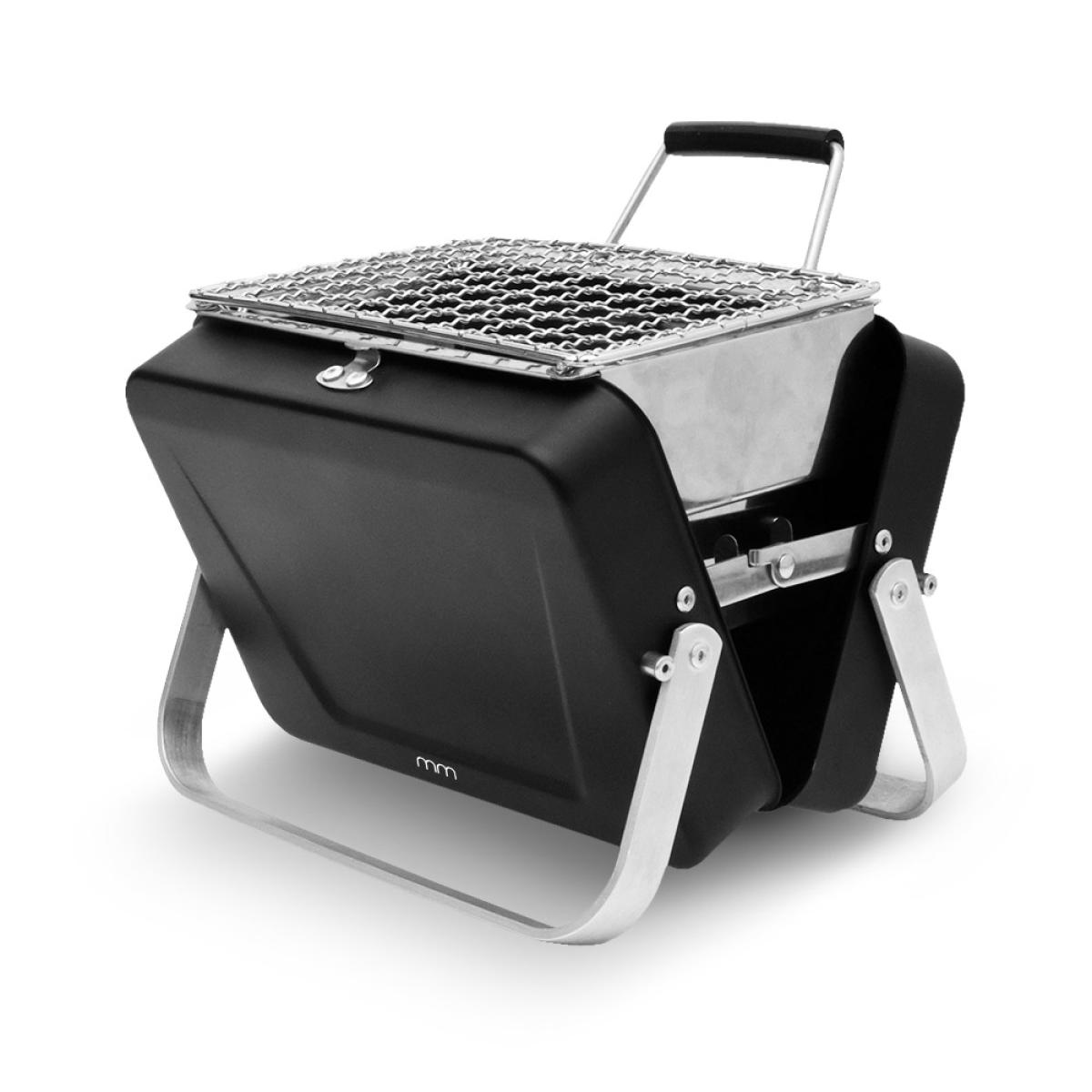 A black portable grill with silver legs and handle.