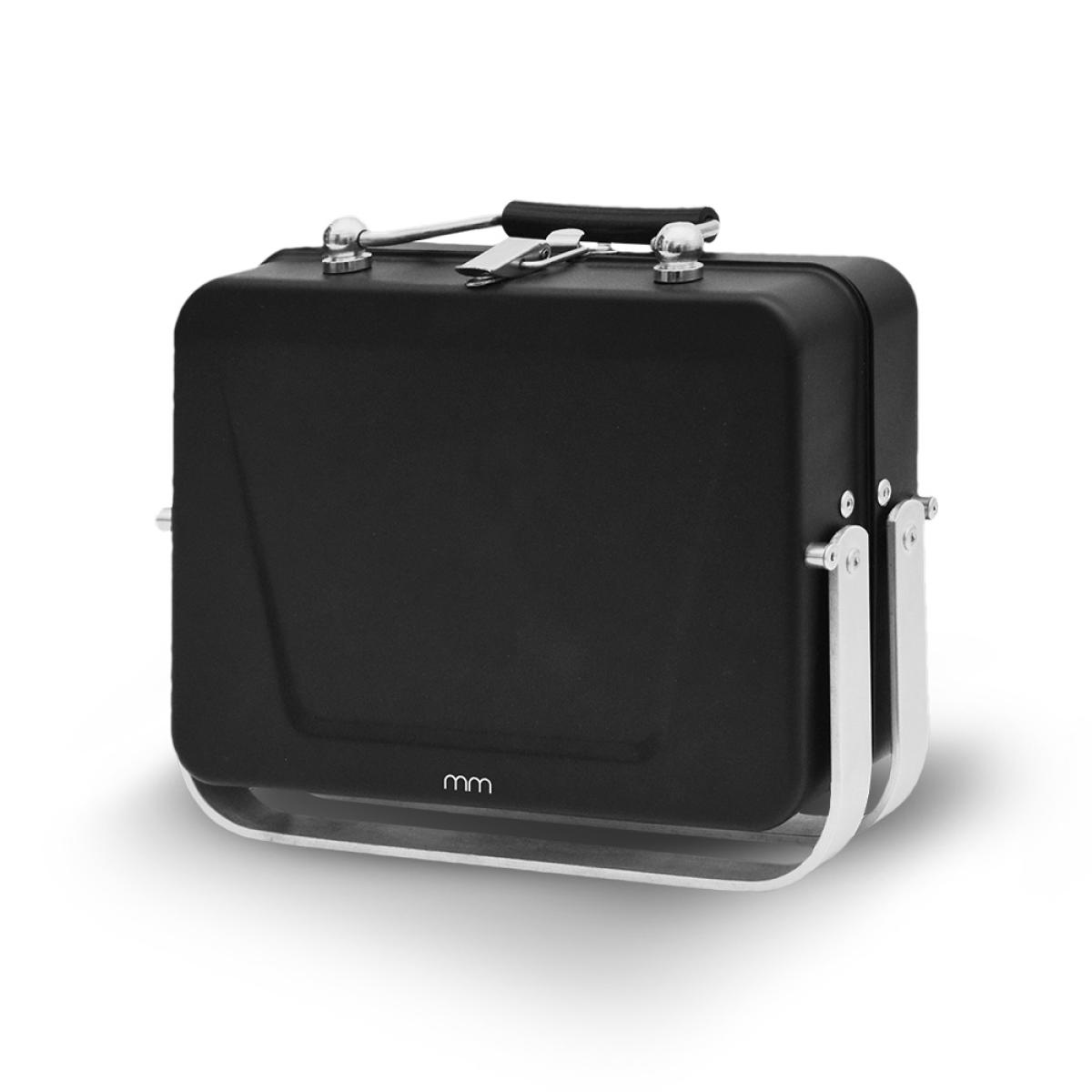 Black suitcase-style grill with silver handles and legs.