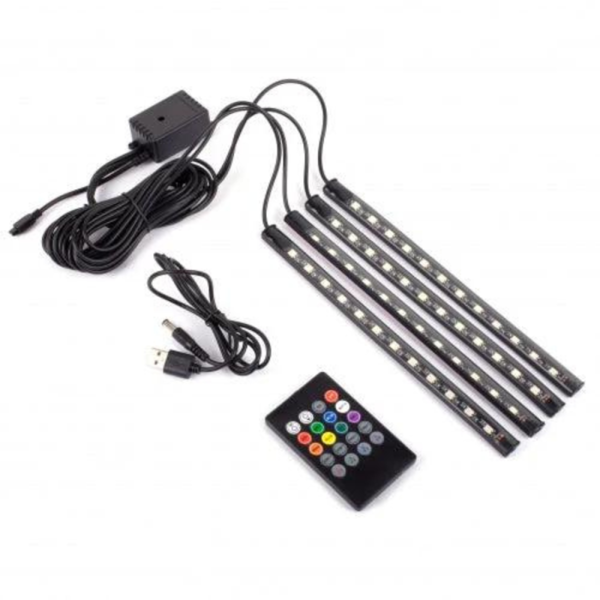 LED strip verlichtingsset met afstandsbediening, stroomkabel en USB-adapter.