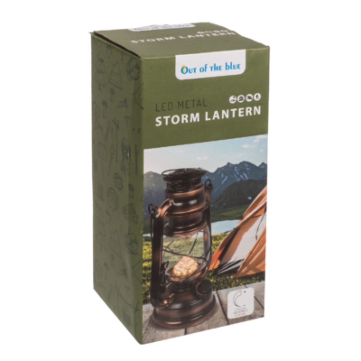 Doos stormlantaarn met afbeelding van berglandschap en tent.