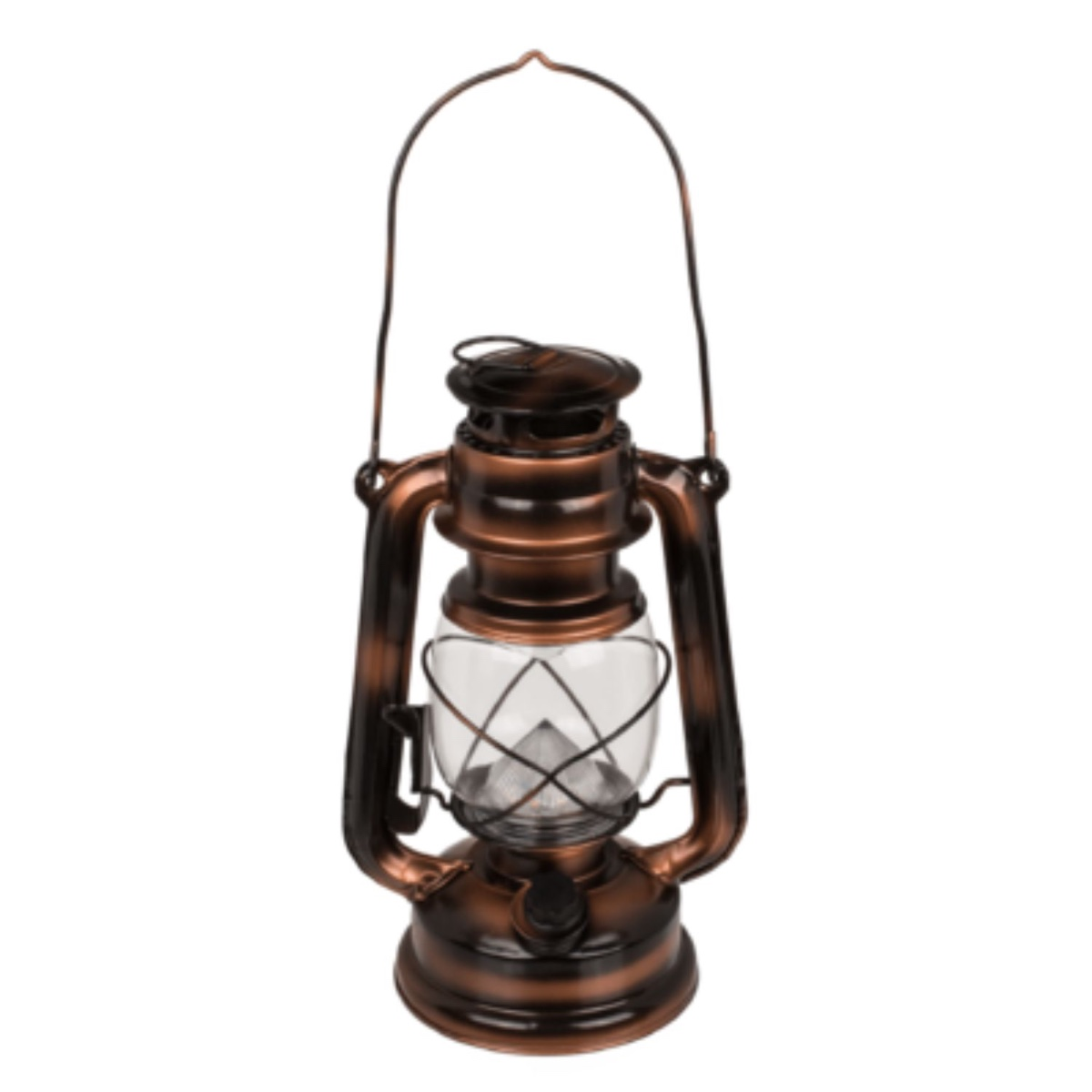 Een koperkleurige olielamp met handvat en glazen cilinder.