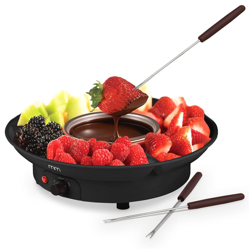 Chocolate fondue set with strawberries, raspberries, blackberries, and melon pieces.