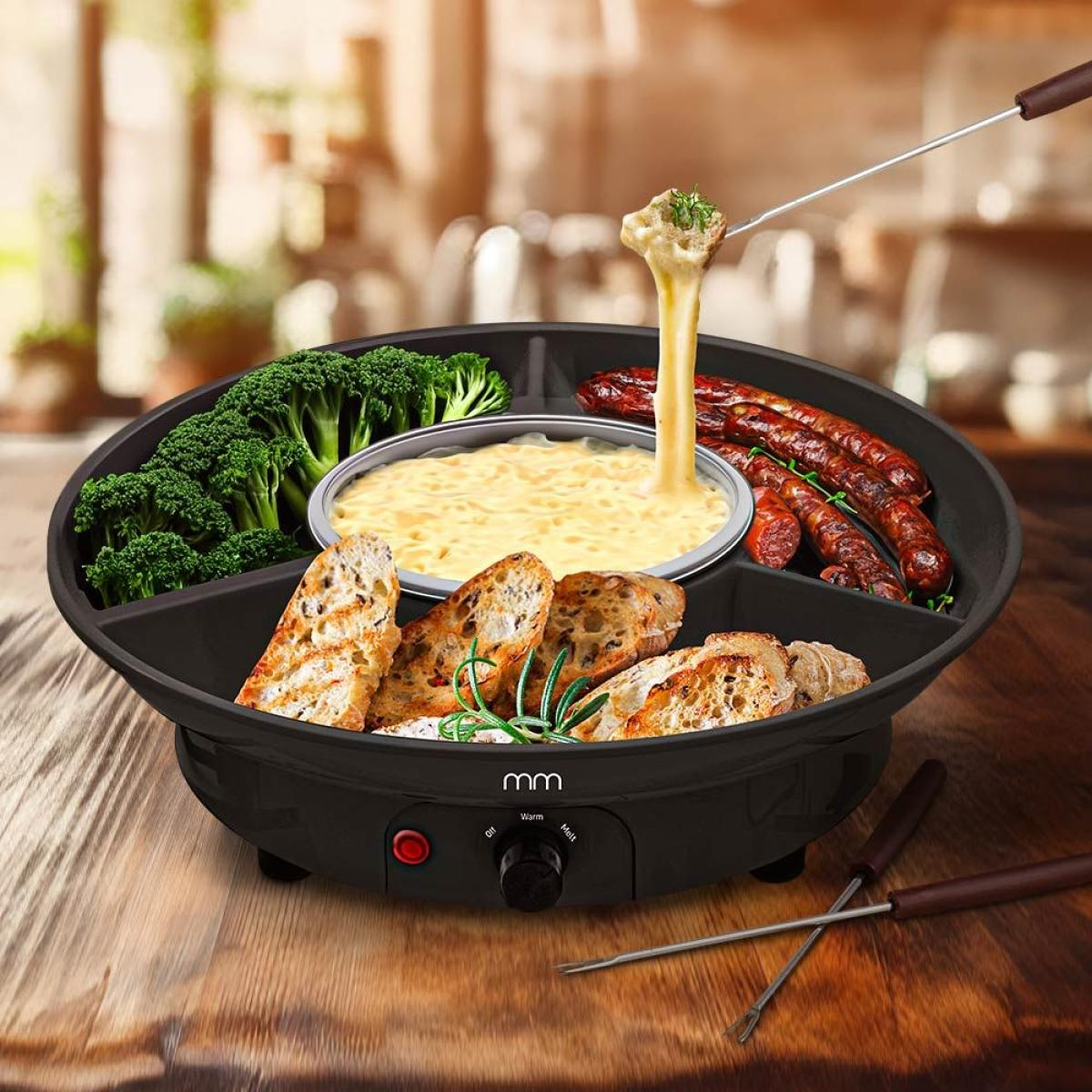 A fondue set with bread, sausage, and broccoli around a cheese bowl.