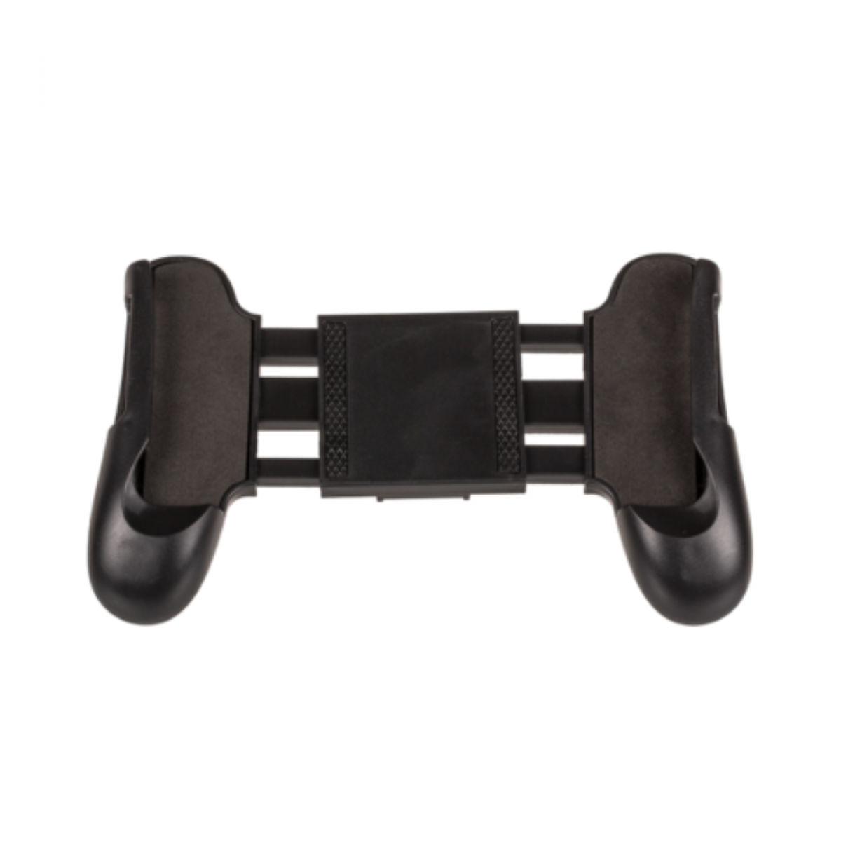 Zwarte mobiele gaming grip met verstelbare telefoonhouder.