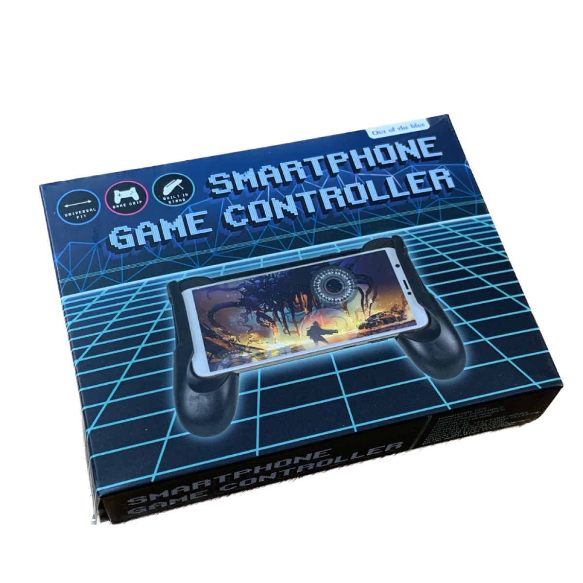 Doos voor smartphone gamecontroller, met een spel op het scherm.