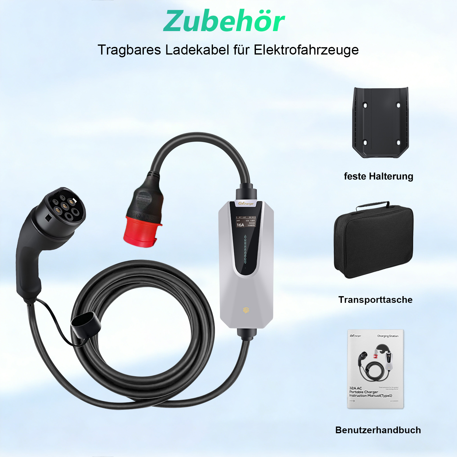 Tragbares Ladekabel, Halterung, Tasche und Handbuch für Elektroautos.