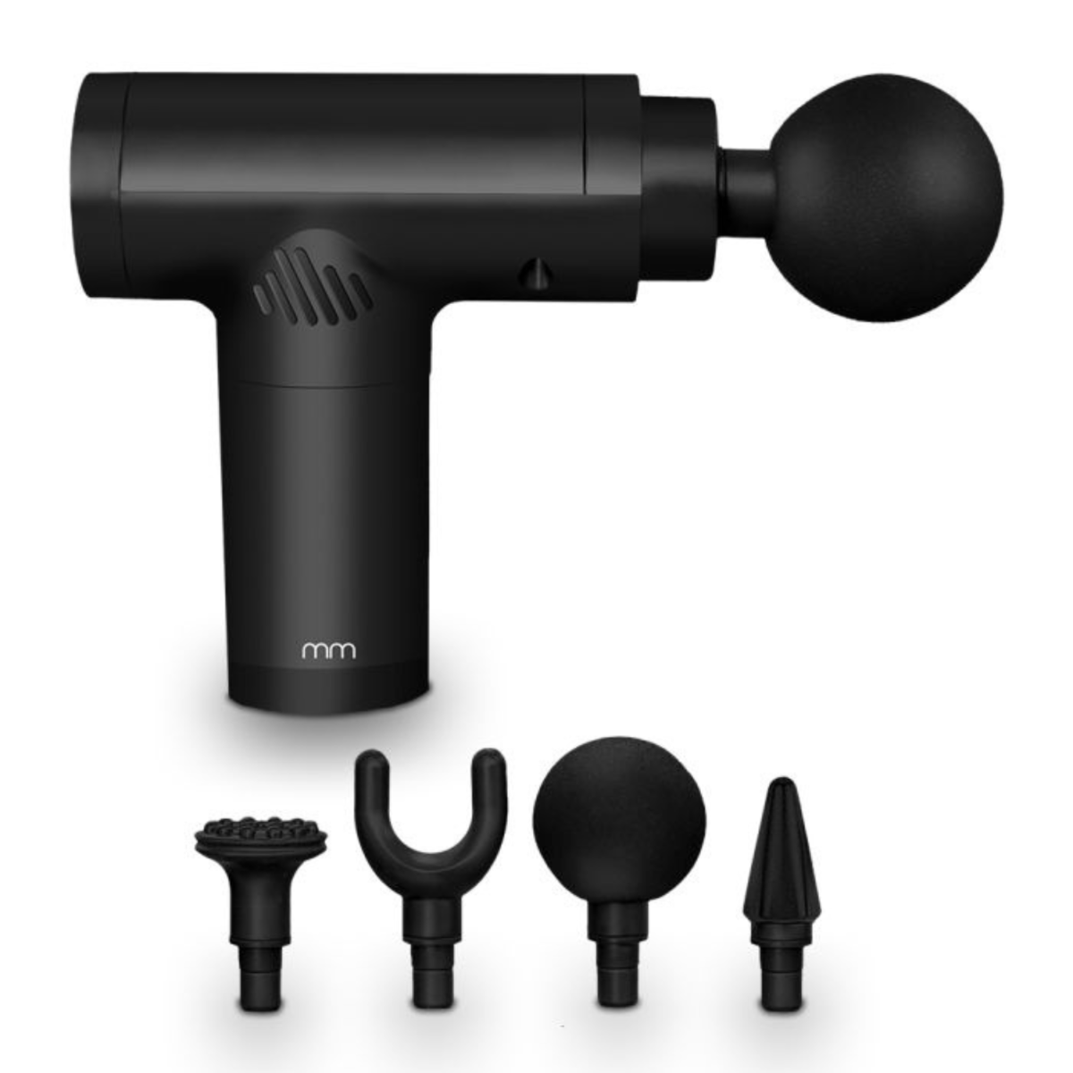 Black massage gun with four attachments on a white background.
