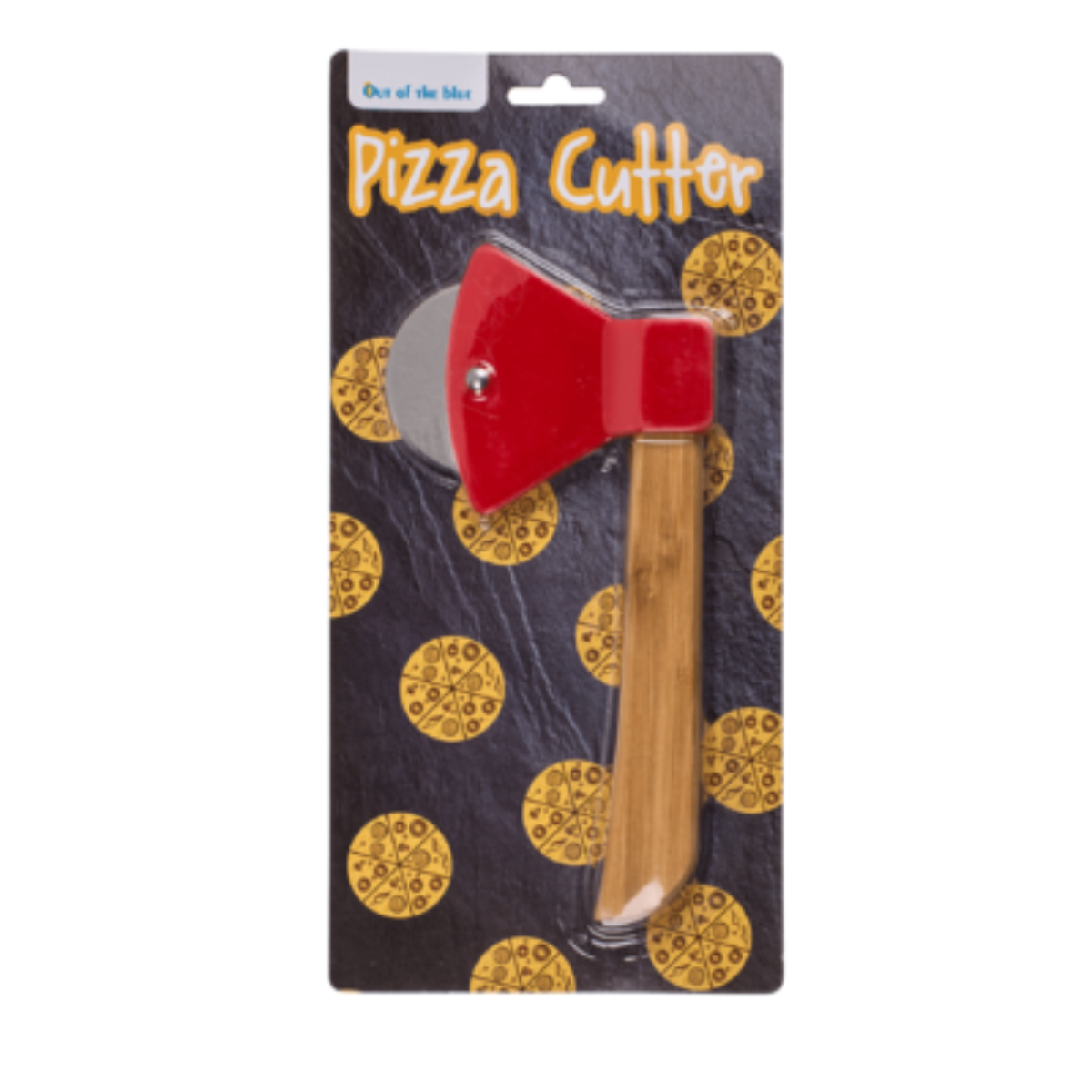 Een pizzames in de vorm van een bijl, met rode handgreep en pizzamotief.