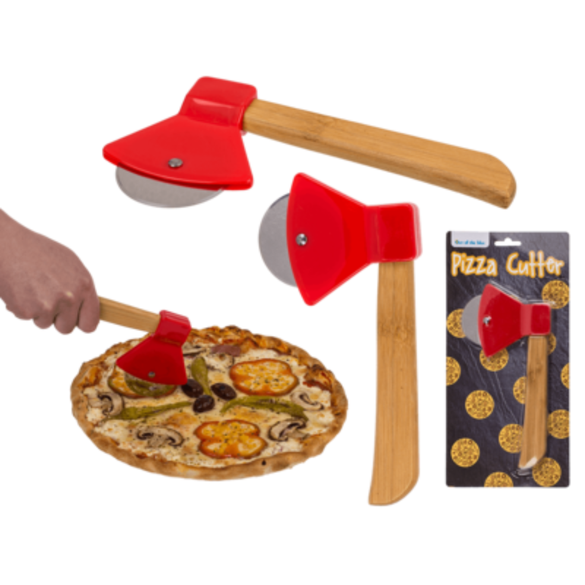 Rode pizzacutter in bijlvorm met houten handvat, getoond met pizza en verpakking.