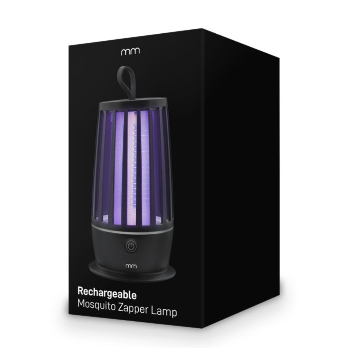 Zwarte doos met een oplaadbare muggenlamp die UV-licht uitstraalt.