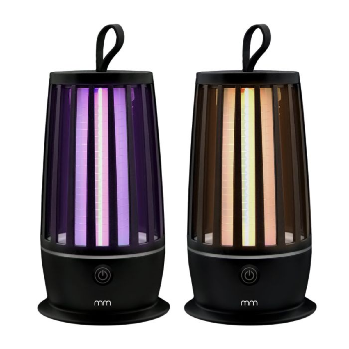 Twee zwarte lampen met ventilatoren, één gloeiend paars, één gloeiend oranje.