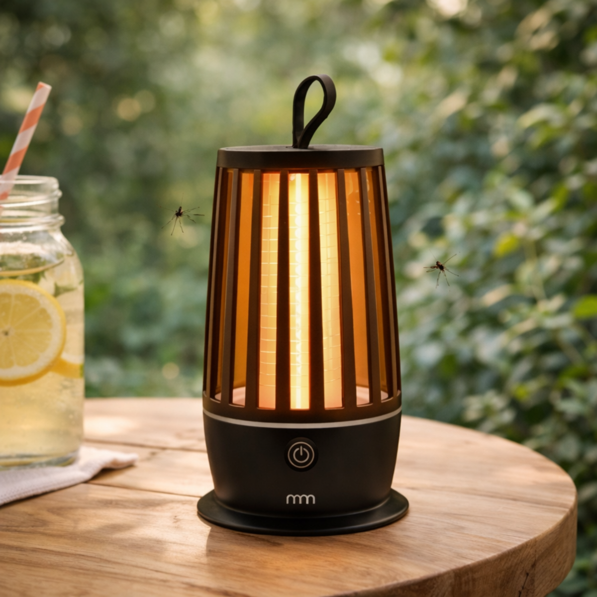 Muggenlamp met verlichting, glas met drank en citroen op houten tafel.