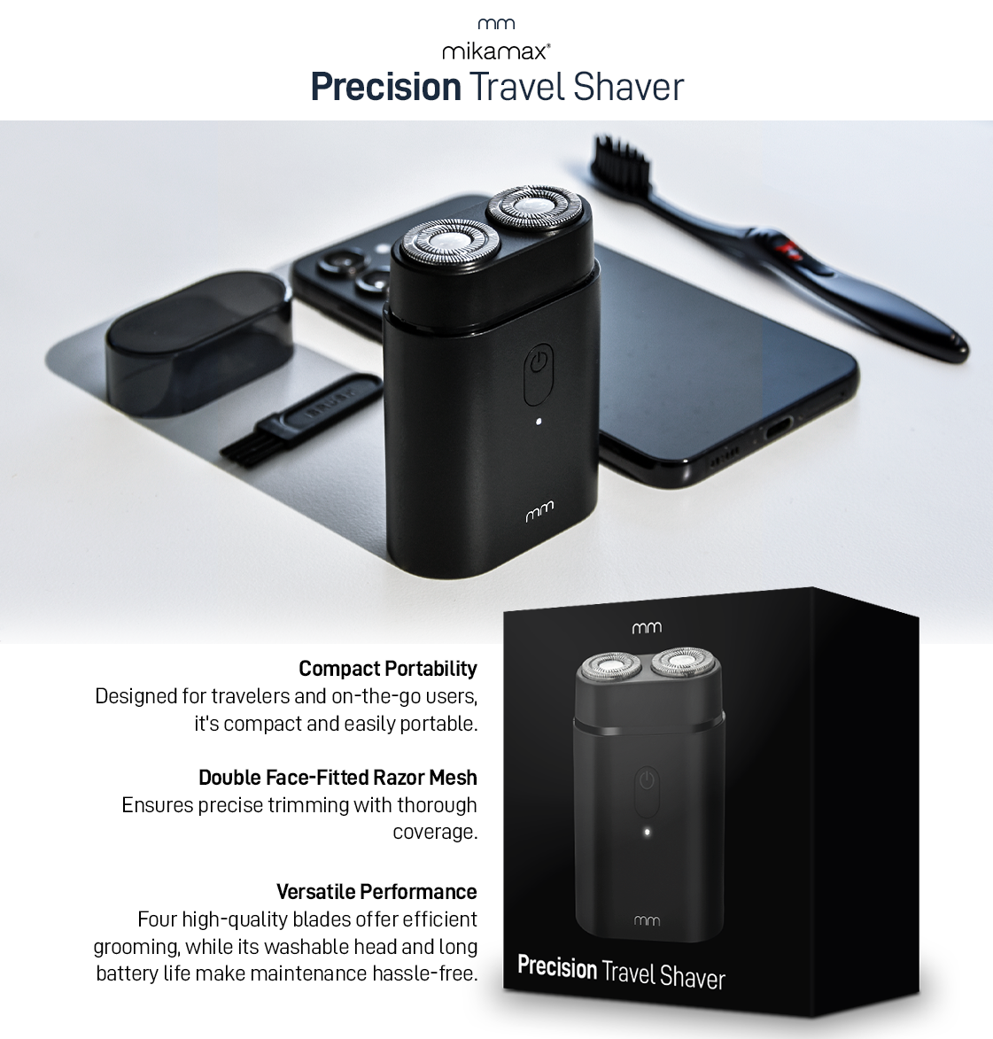 Black travel shaver with brush and phone on table.