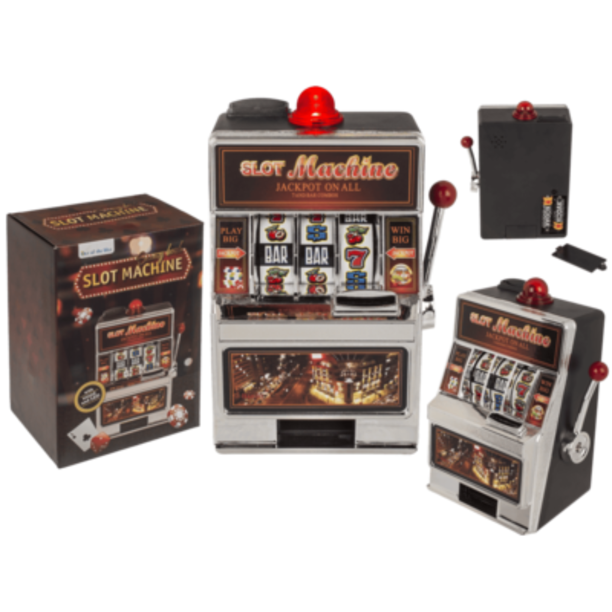 Een gokautomaat, een doos en een deel van een gokautomaat.