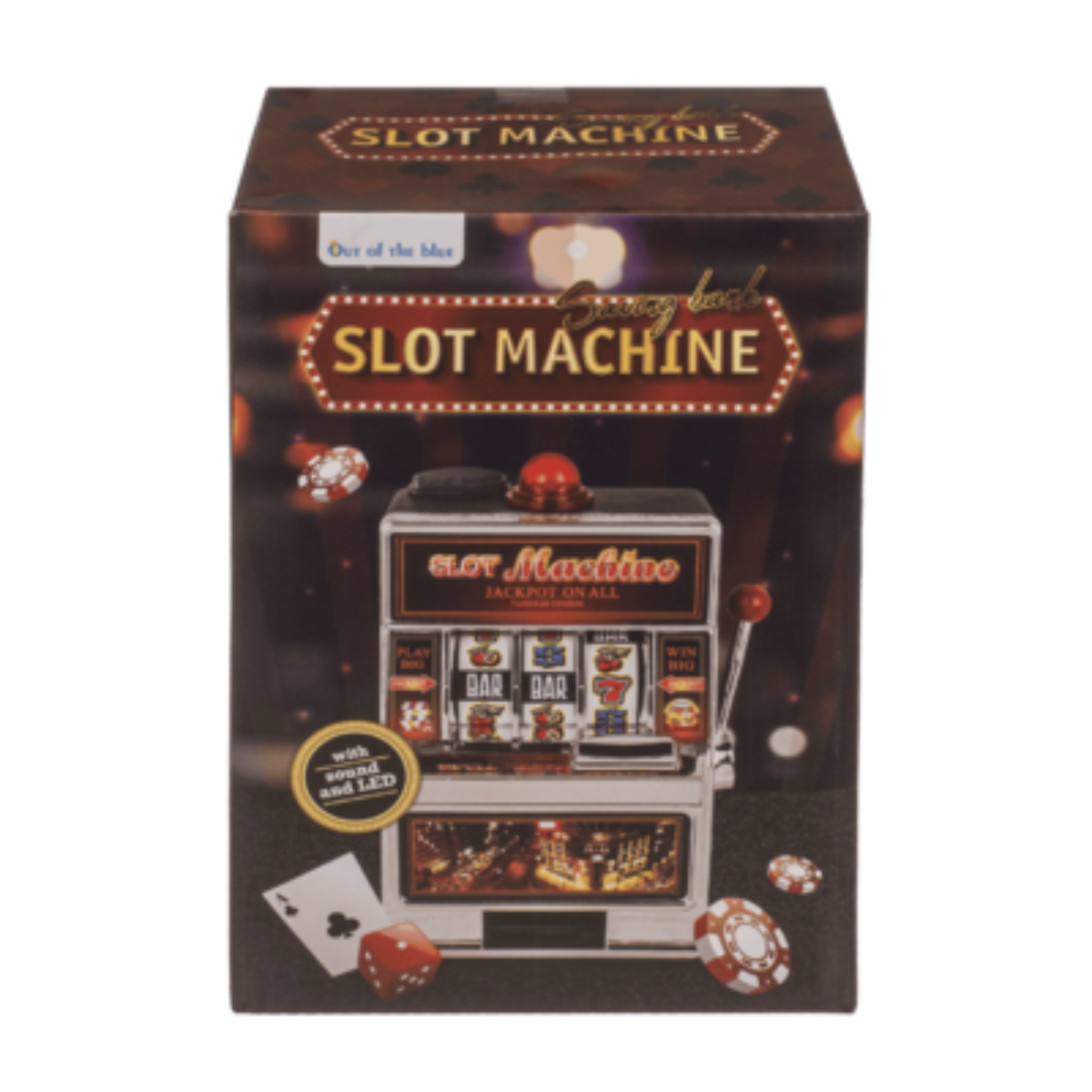 Doos van een gokautomaat met spelsymbolen, dobbelstenen en fiches.