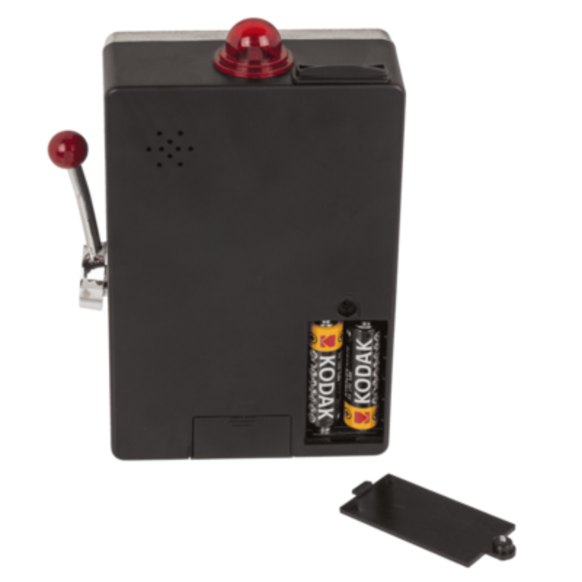 Zwarte gokkast bedel met rood lampje, hendel en batterijvak.