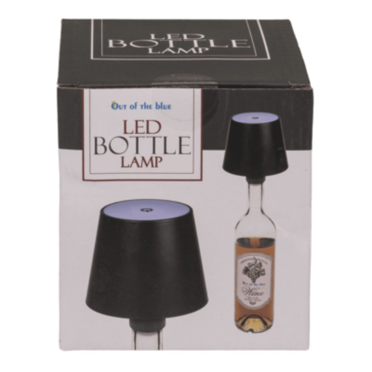 Doos voor LED-flessenlamp met zwarte kap en wijnfles.