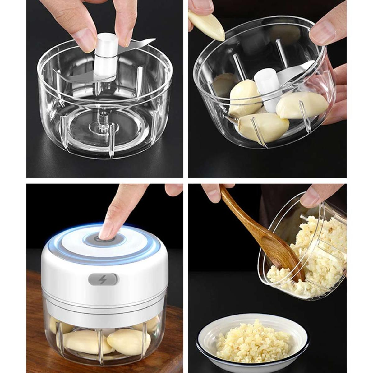 A small garlic chopper shown in use, from preparation to finished product.