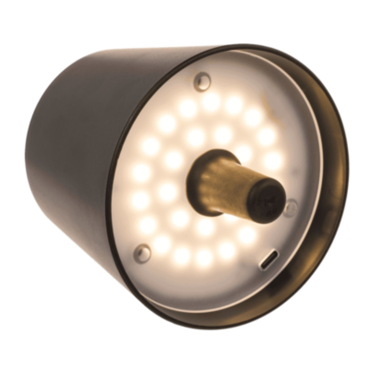 Een cilindrische zwarte lamp met gouden staaf in het midden en LED's.