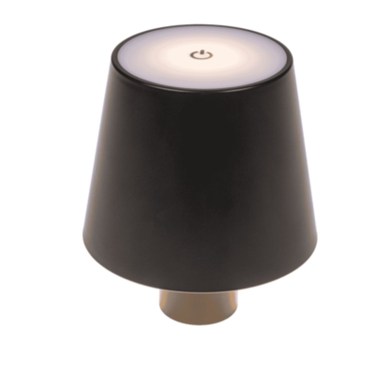 Zwarte lamp met witte bovenkant en aan/uit-symbool.