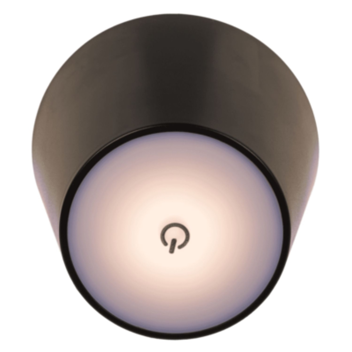 Een zwarte lamp met een verlichte cirkel en een aan/uit-symbool.