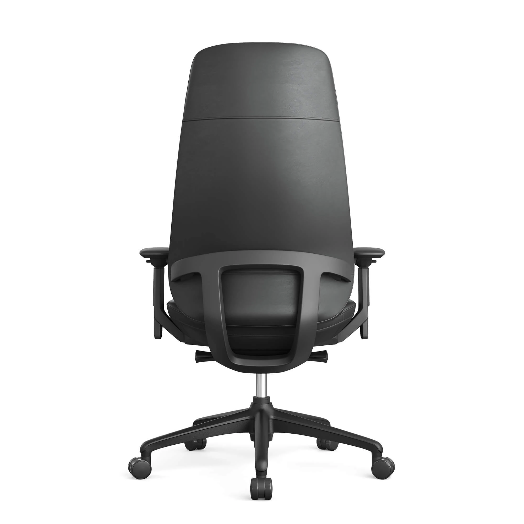 Widok z tyłu czarnego fotela biurowego z kółkami i podłokietnikami.