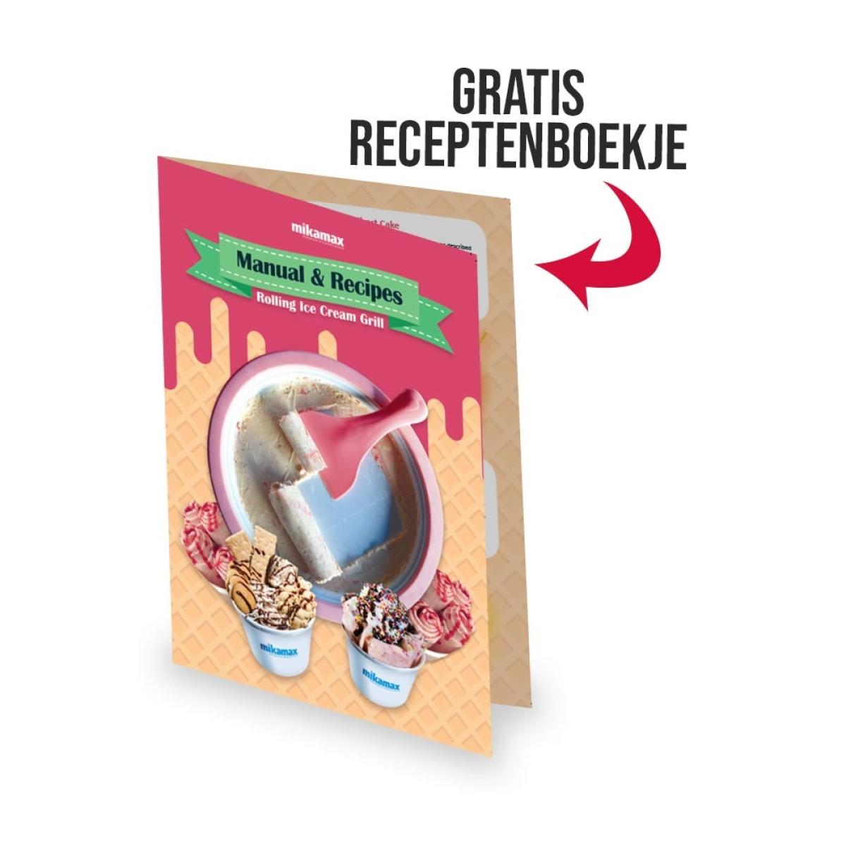 Receptenboek voor ijsmachine met ijscups en een rode pijl.
