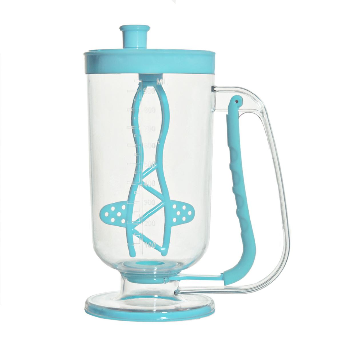 A blue batter dispenser with measurement markings and a handle. A mixing tool is inside.