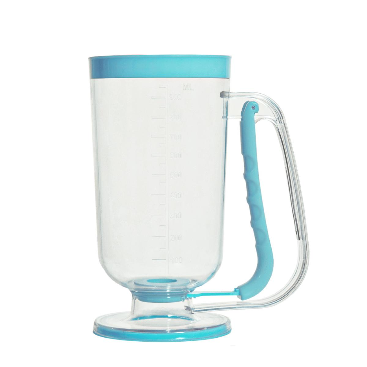 A clear batter dispenser with a blue lid and handle.