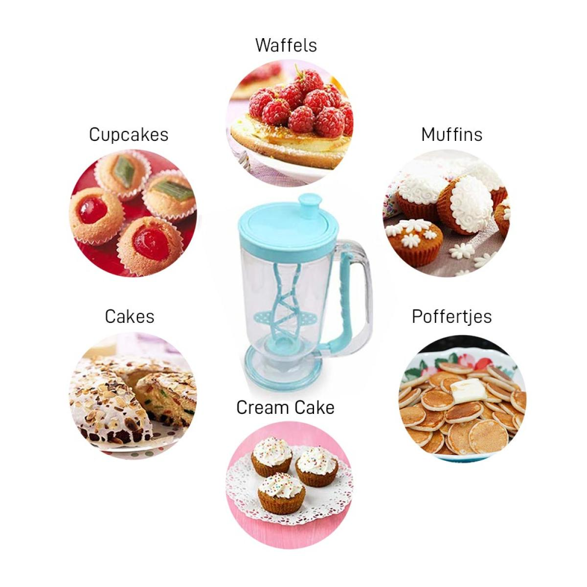 A batter dispenser surrounded by images of waffles, cupcakes, cakes, muffins, poffertjes, and cream cake.