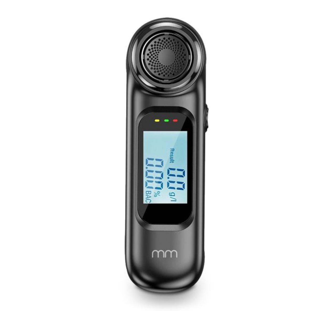 A black digital breathalyzer with a blue screen showing 0.00% BAC.