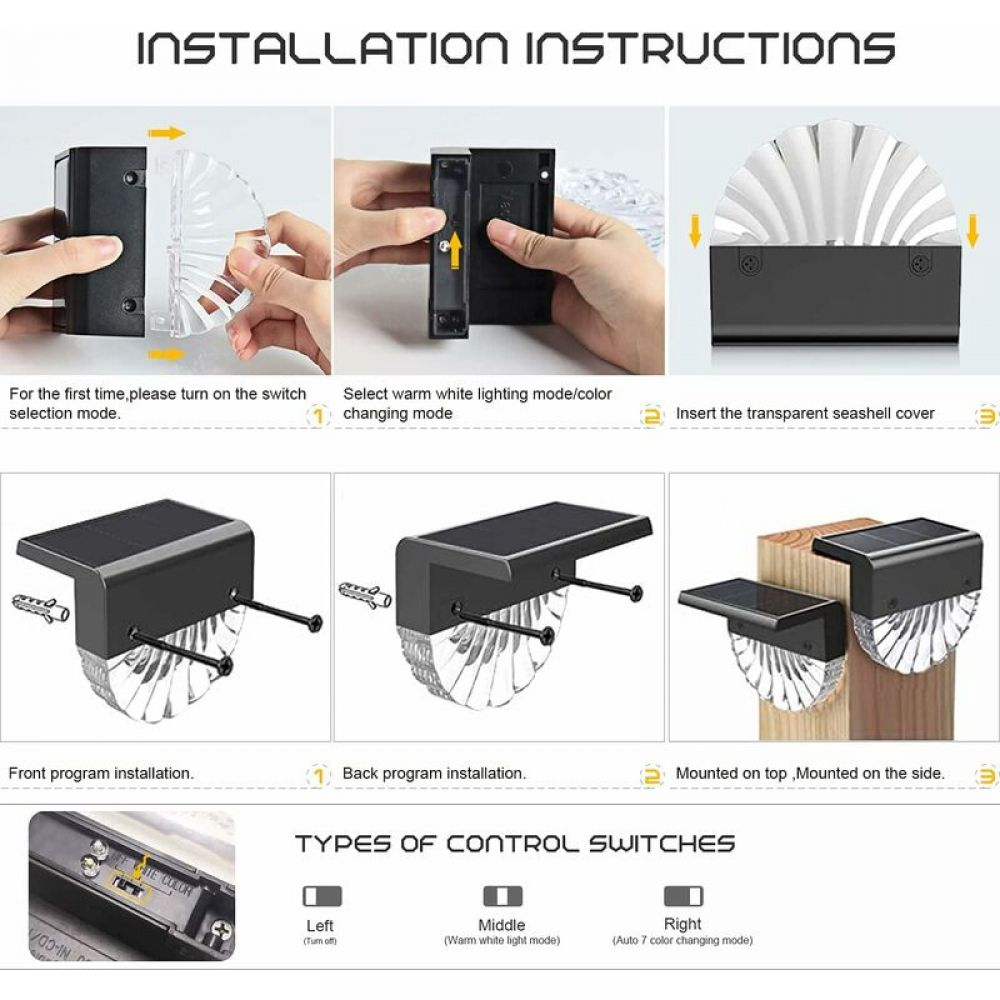 Installationsanleitung für Solarleuchten: Schalter, Abdeckung, Montageoptionen.