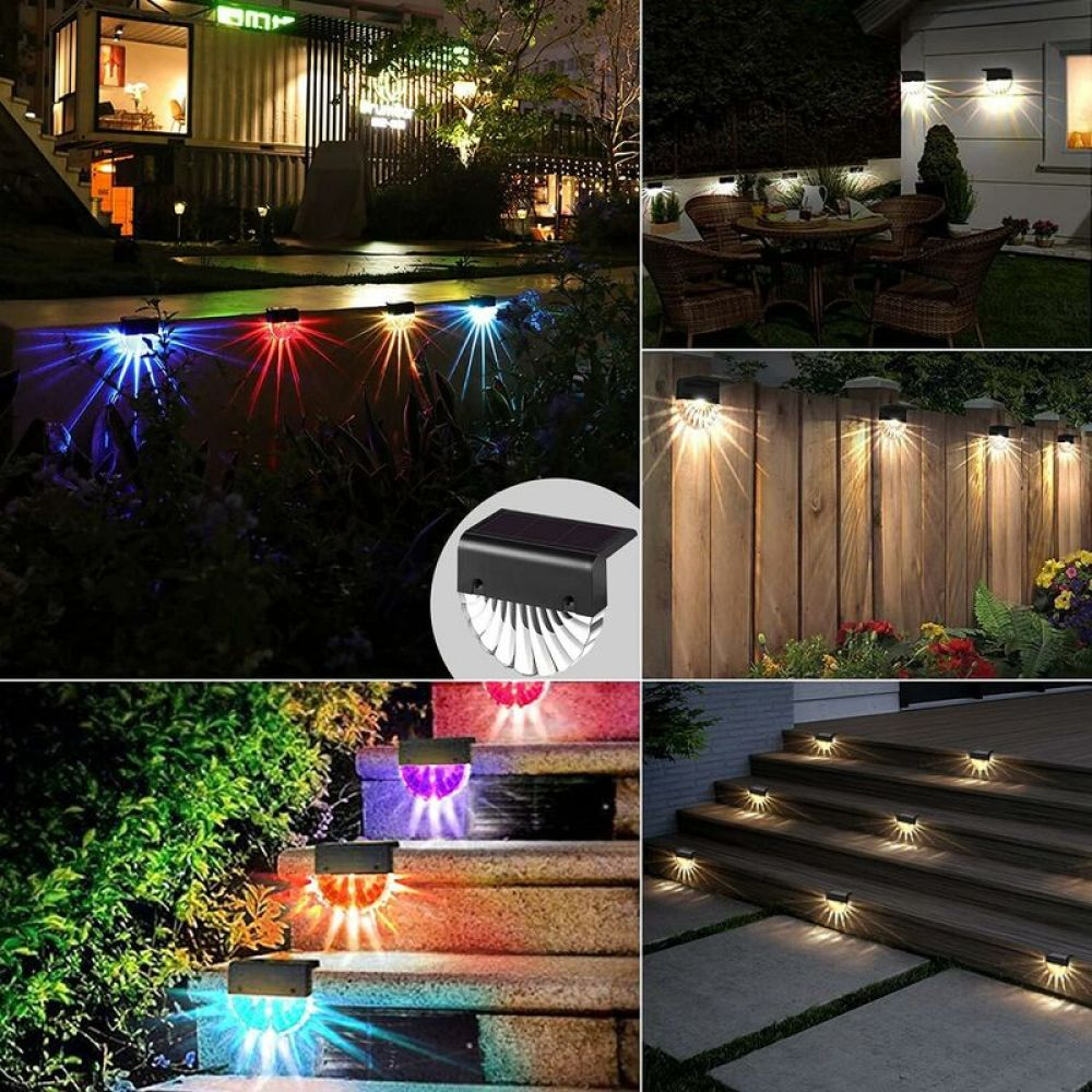 Solarleuchten beleuchten Treppen, Zäune und einen Sitzbereich im Freien bei Nacht.