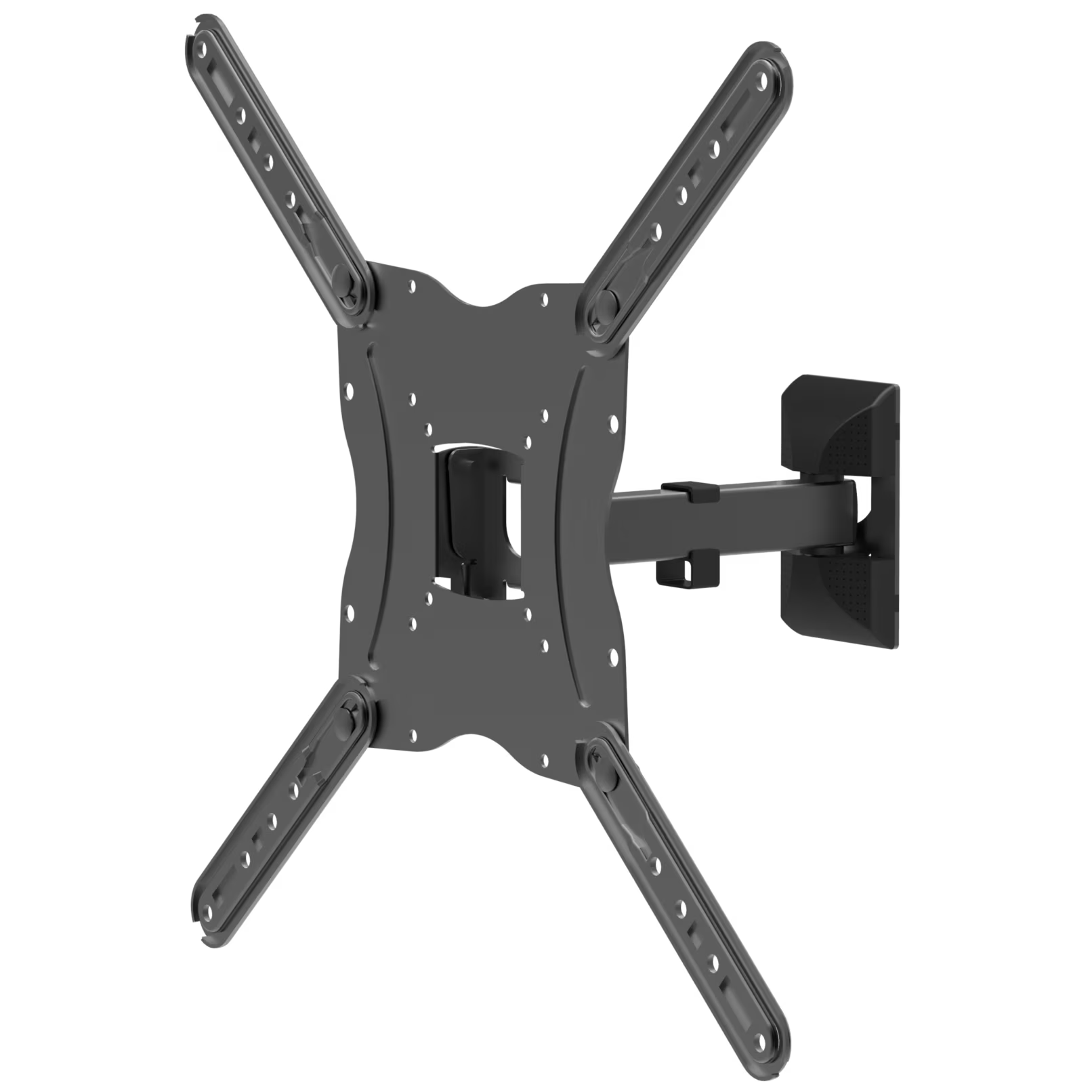A black, articulating TV wall mount with adjustable arms and a wall plate.