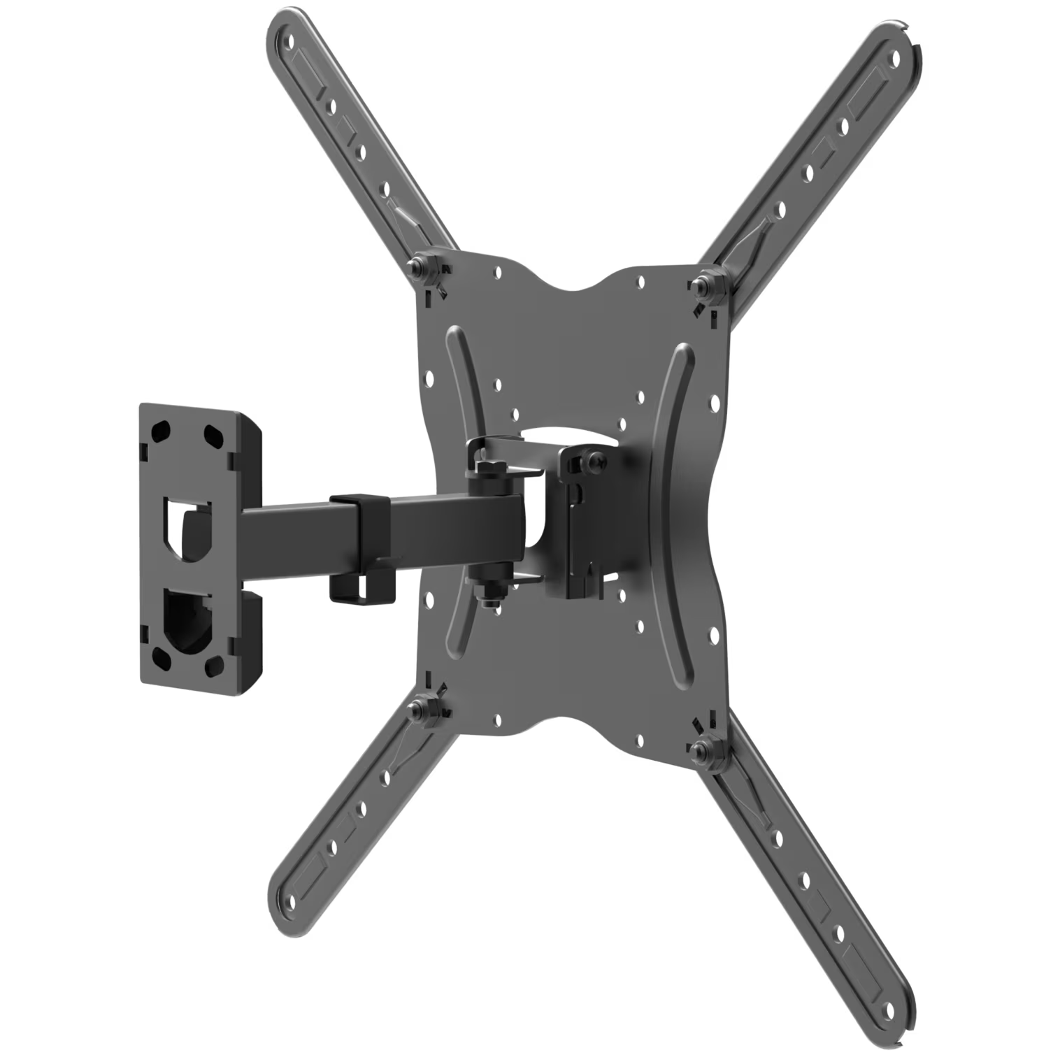 Black TV wall mount with articulated arm and adjustable brackets.
