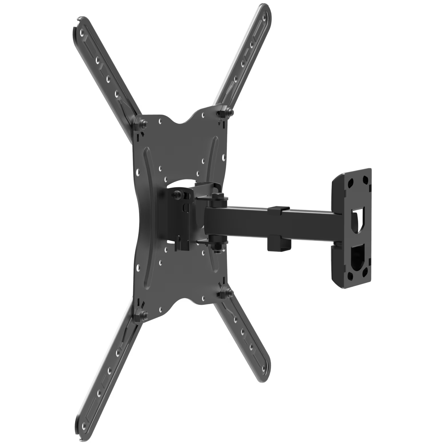 Black adjustable TV wall mount with extending arm and pivoting brackets.