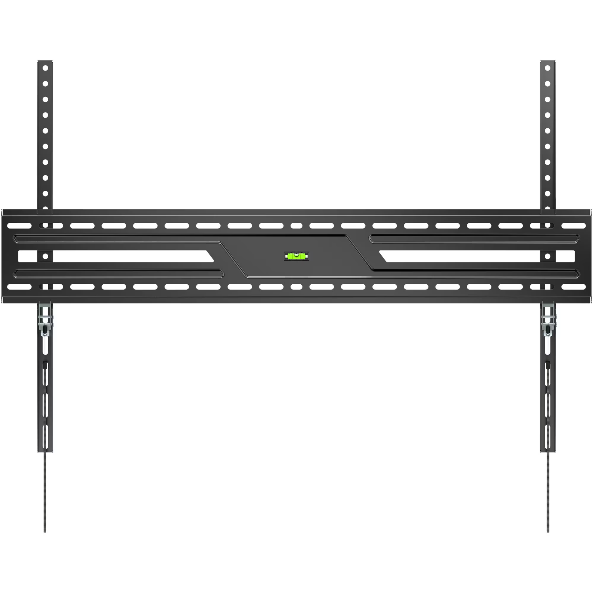 Schwarze Wandhalterung für Fernseher mit integrierter Wasserwaage und verstellbaren Halterungen.