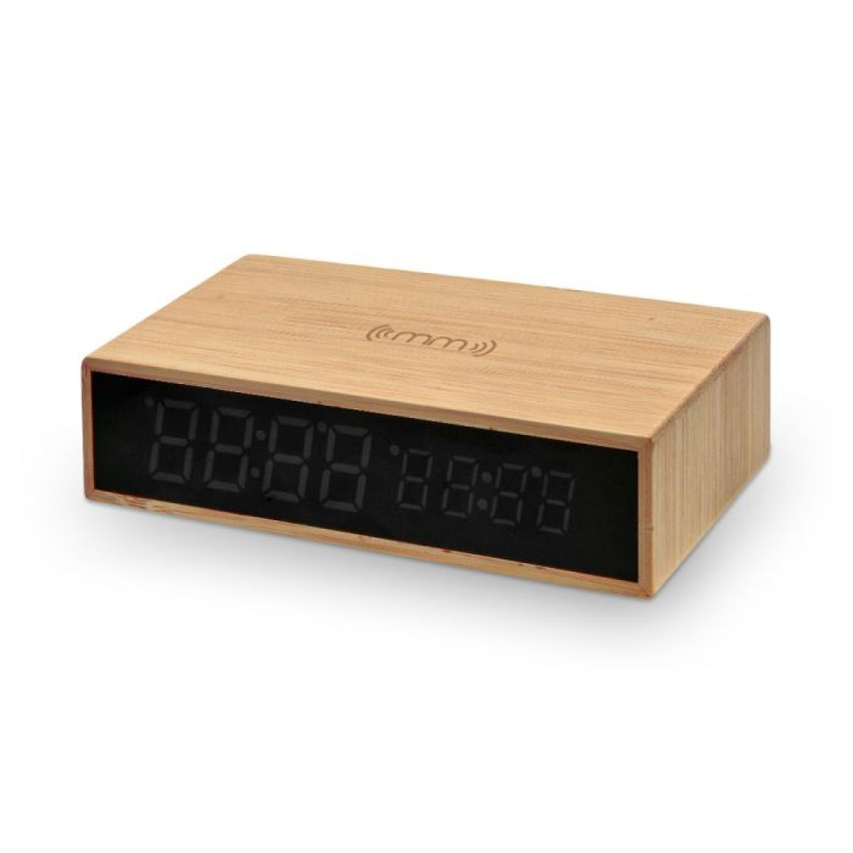 A wooden digital clock with a black display shows 88:88.