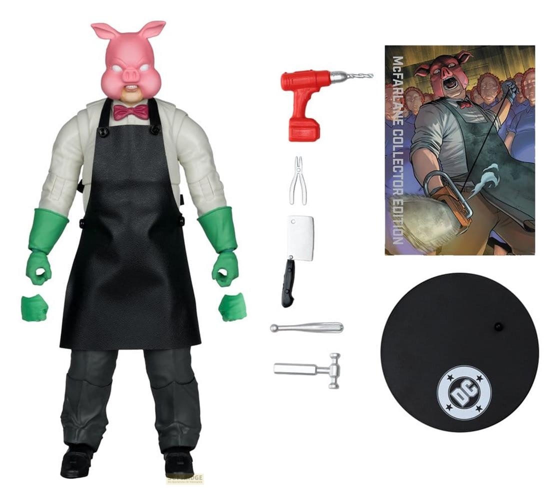 Ein Schweinefigur mit Werkzeugen, Comic und Ständer.