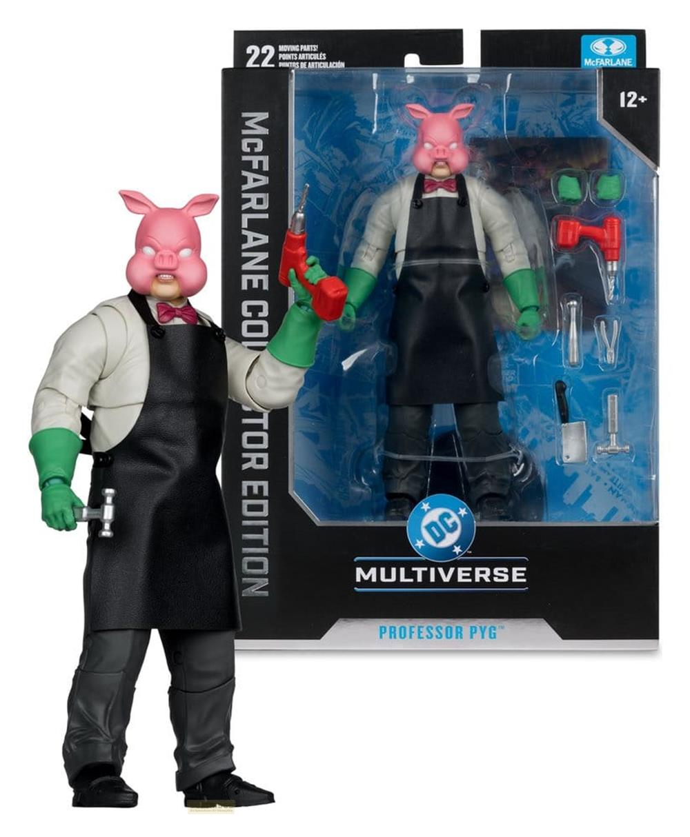 Professor Pyg Actionfigur mit Schweinekopf, Schürze und Werkzeugen, im Karton.