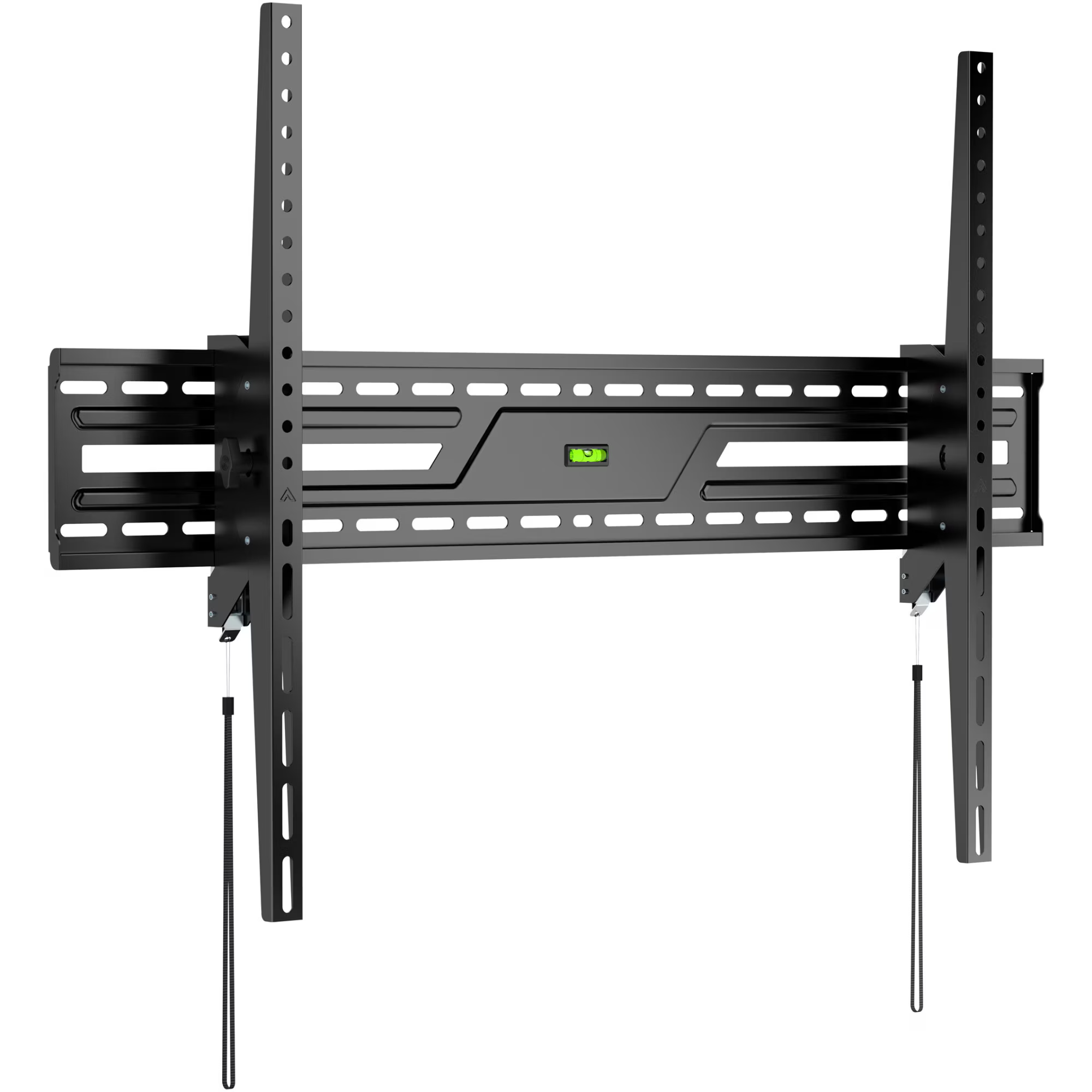 Schwarze Wandhalterung mit integrierter Wasserwaage und Schnüren.