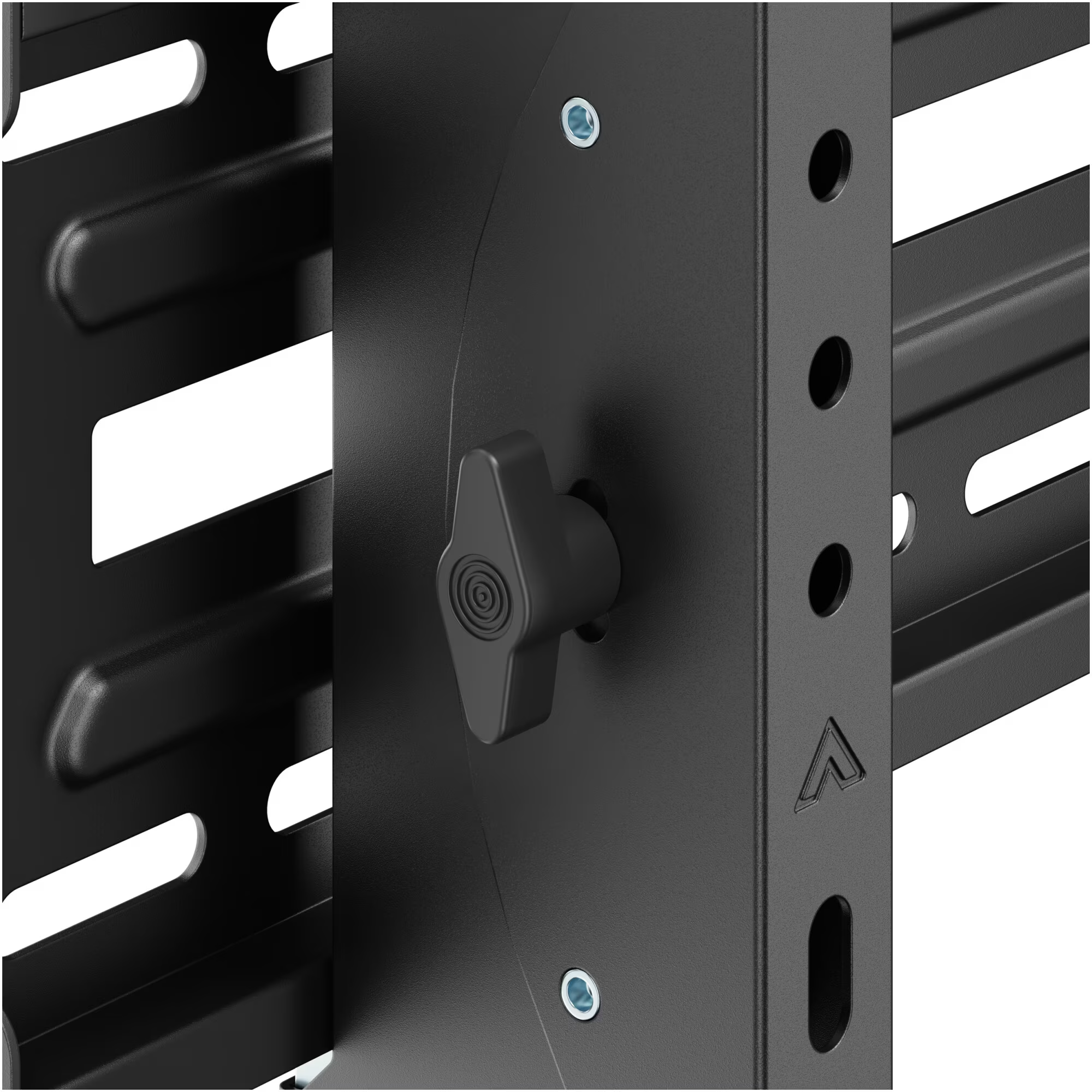Schwarzer Metall-Rack-Mount-Adapter mit Drehknopf und Schraube.