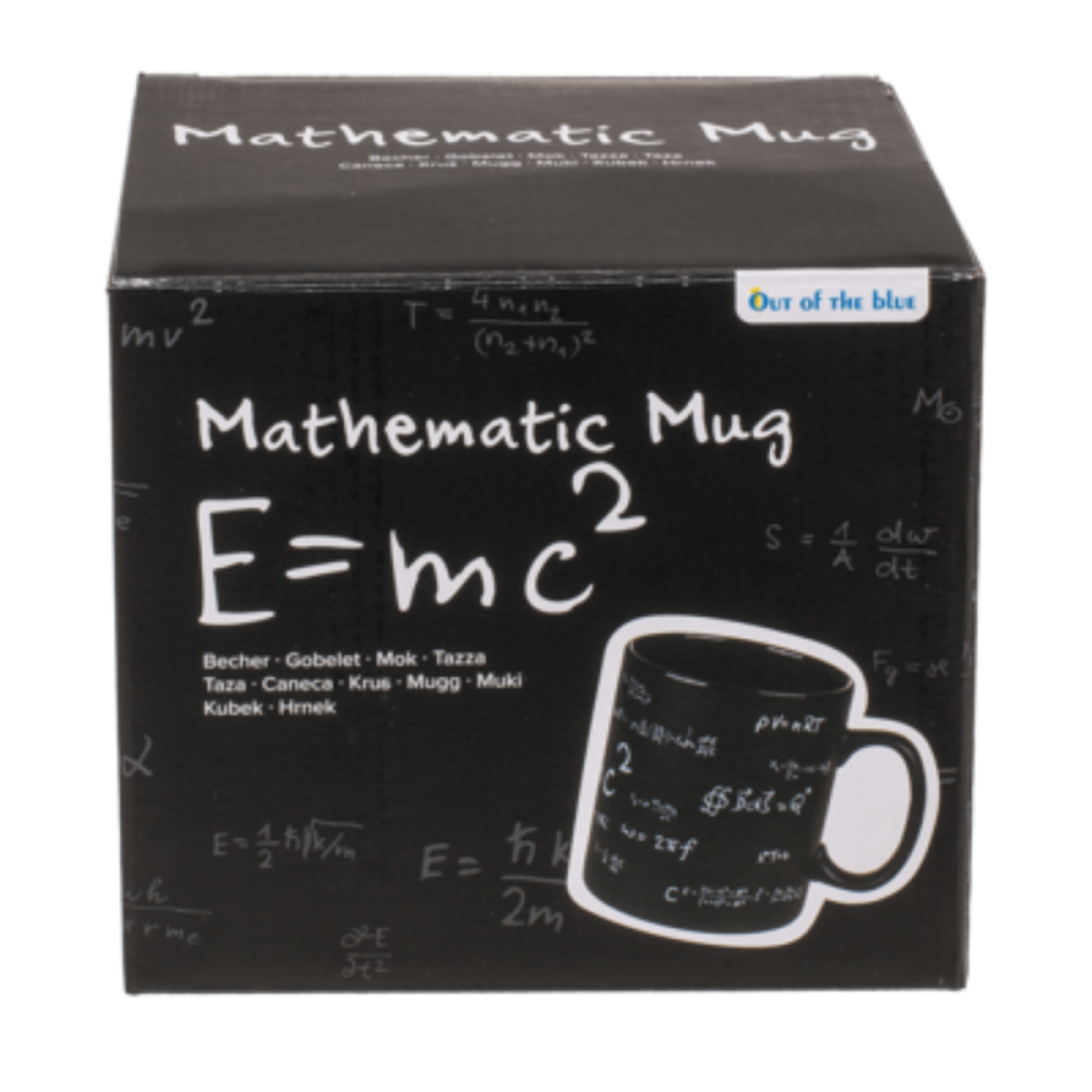 Zwarte doos met wiskundige formules, E=mc², en een mok met formules.