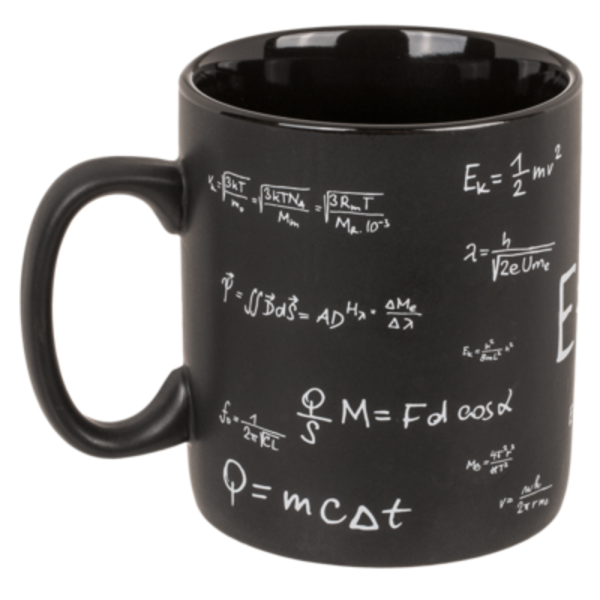 Zwarte mok met witte natuurkundige formules.