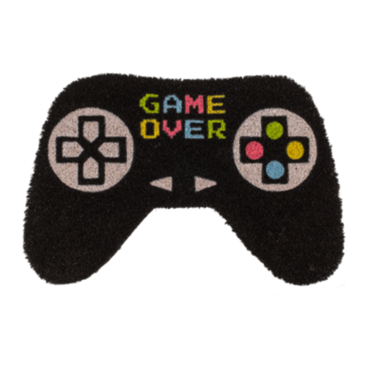 Zwarte deurmat in controller-vorm met 'GAME OVER' tekst en gekleurde knoppen.