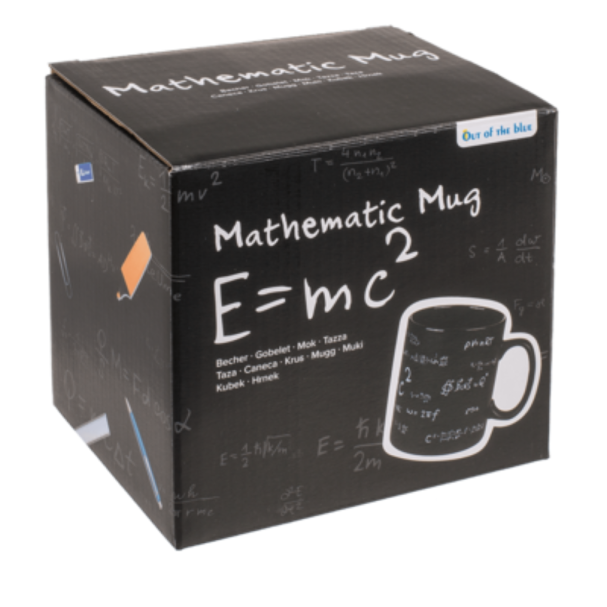 Zwarte doos met wiskundige formules en E=mc². Bevat een mok.